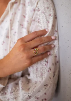 Bagues-EASY-CLOTHES Bague Leaf Dorée | Perles Colorées | Easy Clothes Dorée et perles de couleurs