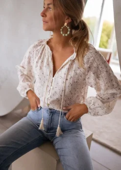 Chemisiers & Blouses-EASY-CLOTHES Blouse Aiden | Écrue & Fleurie | Easy Clothes Écrue à motifs