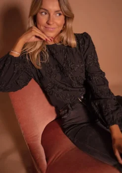 Chemisiers & Blouses-EASY-CLOTHES Blouse Amina Noire - Empiècement - Col RondEasy Clothes Noire