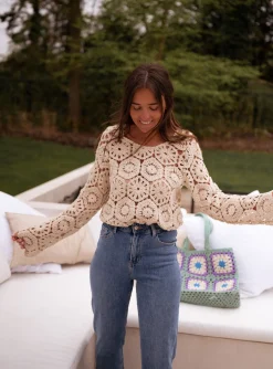 Chemisiers & Blouses-EASY-CLOTHES Blouse Analy beige | Blouse effet macramé | Prêt-à-porter en ligne | Easy Clothes Beige