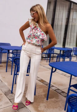 Chemisiers & Blouses-EASY-CLOTHES Blouse Astry beige à fleurs | Blouse à volants | Prêt-à-porter en ligne | Easy Clothes Beige à fleurs