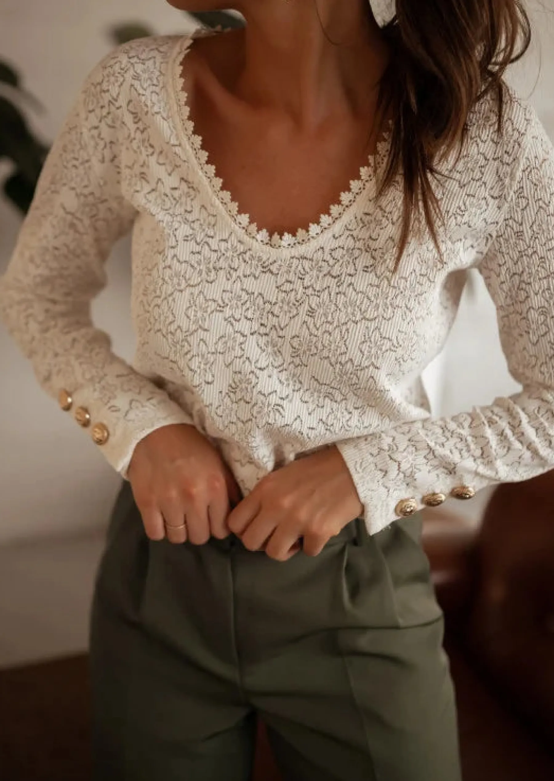 Chemisiers & Blouses-EASY-CLOTHES Blouse Balo - Écru - En Dentelle - Boutons DorésEasy Clothes Écrue