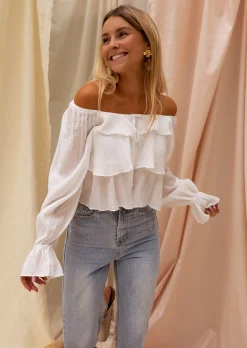 Chemisiers & Blouses-EASY-CLOTHES Blouse Écrue à Volants - Clam - Vêtements FemmeEasy Clothes Écrue