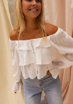 Chemisiers & Blouses-EASY-CLOTHES Blouse Écrue à Volants - Clam - Vêtements FemmeEasy Clothes Écrue       