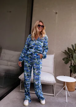 Chemisiers & Blouses-EASY-CLOTHES Blouse Gleda verte et bleue | Blouse plissée à motifs | Prêt-à-porter en ligne | Easy Clothes Verte et bleue       