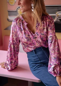Chemisiers & Blouses-EASY-CLOTHES Blouse Jackson - Mauve à Motifs - Manches BallonsEasy Clothes Mauve       