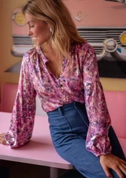Chemisiers & Blouses-EASY-CLOTHES Blouse Jackson - Mauve à Motifs - Manches BallonsEasy Clothes Mauve       