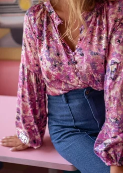 Chemisiers & Blouses-EASY-CLOTHES Blouse Jackson - Mauve à Motifs - Manches BallonsEasy Clothes Mauve