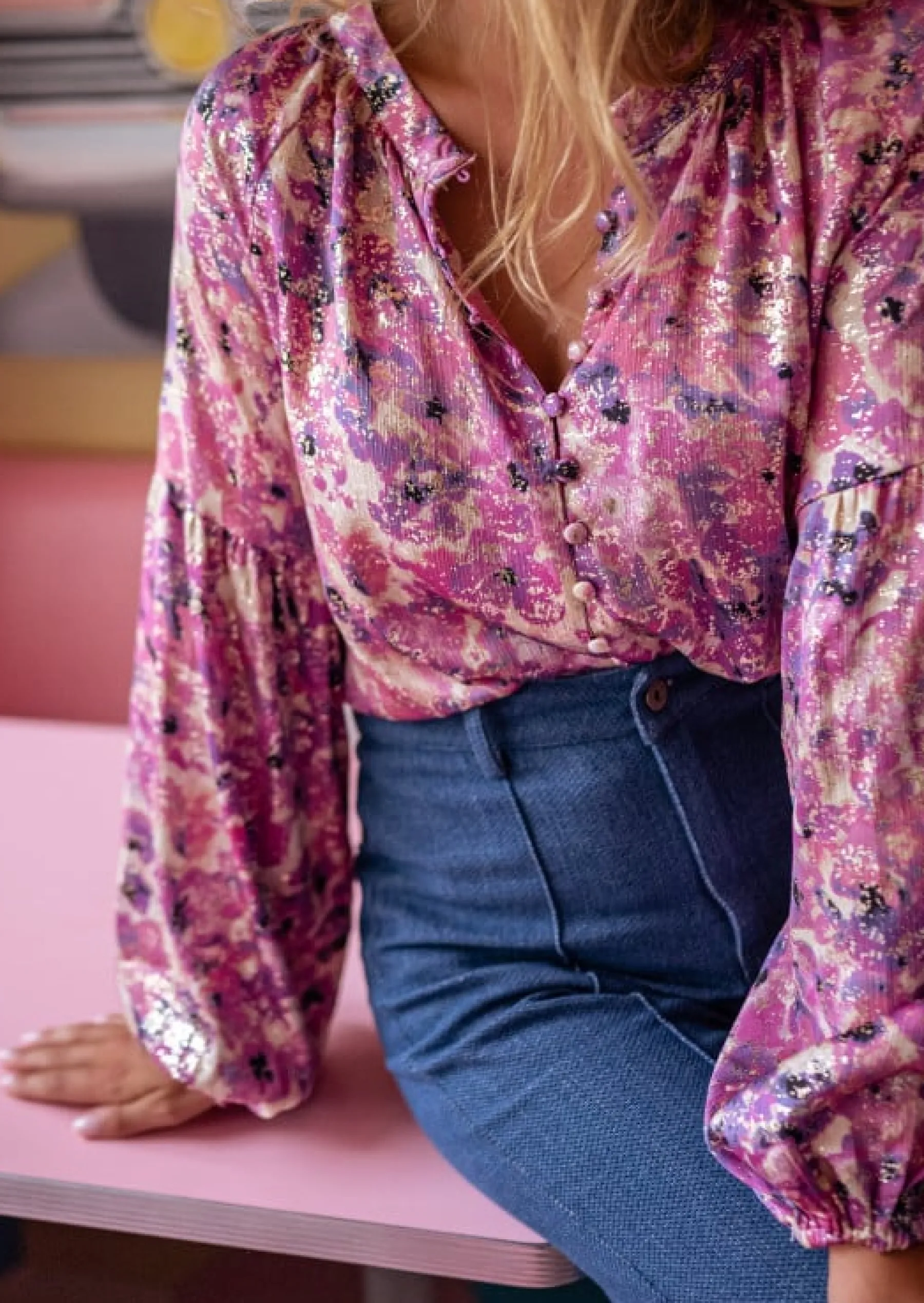 Chemisiers & Blouses-EASY-CLOTHES Blouse Jackson - Mauve à Motifs - Manches BallonsEasy Clothes Mauve