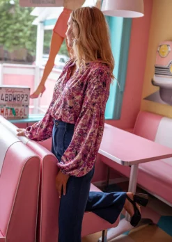 Chemisiers & Blouses-EASY-CLOTHES Blouse Jackson - Mauve à Motifs - Manches BallonsEasy Clothes Mauve
