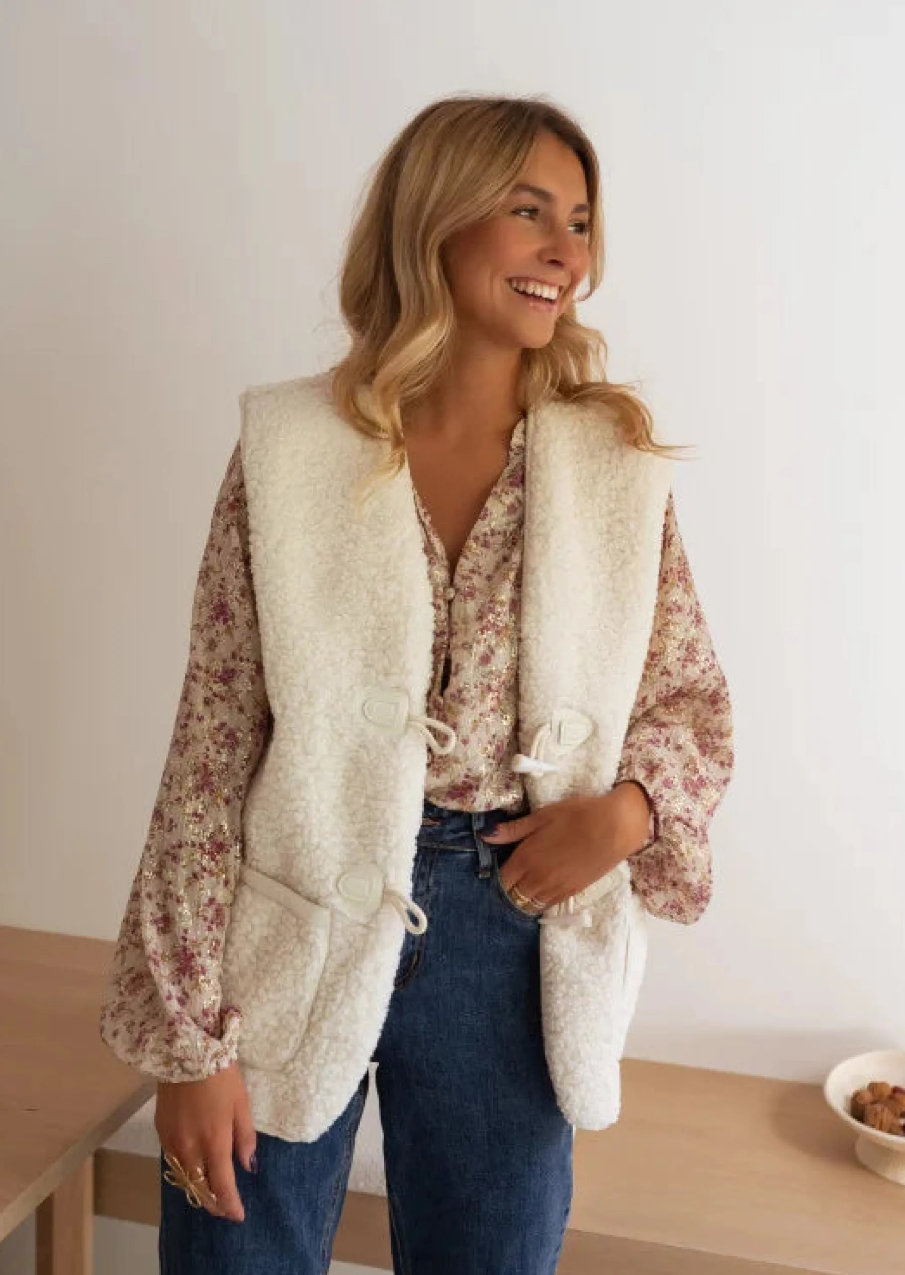 Chemisiers & Blouses-EASY-CLOTHES Blouse Lane Beige - À Motifs - Col VEasy Clothes Beige
