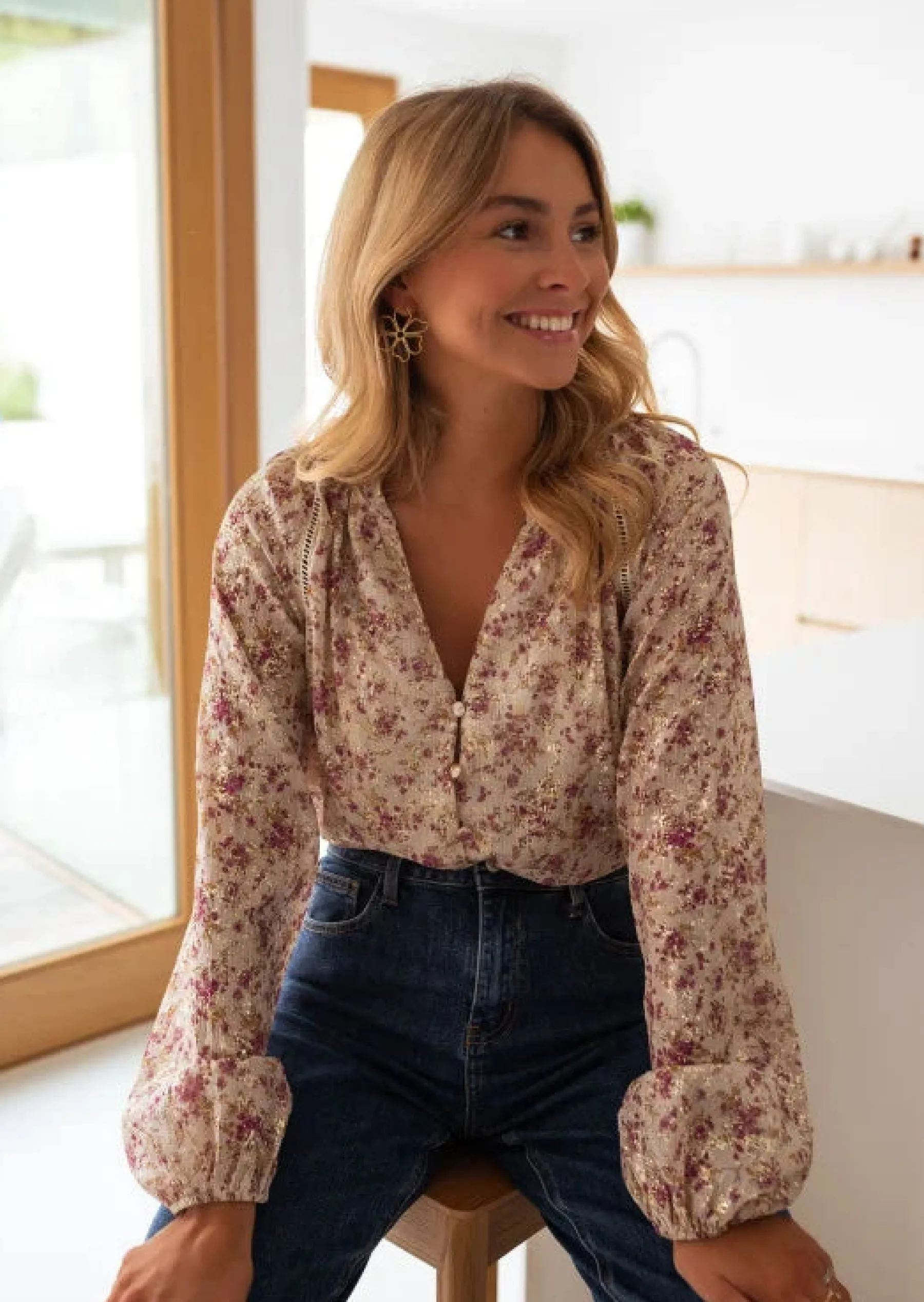 Chemisiers & Blouses-EASY-CLOTHES Blouse Lane Beige - À Motifs - Col VEasy Clothes Beige