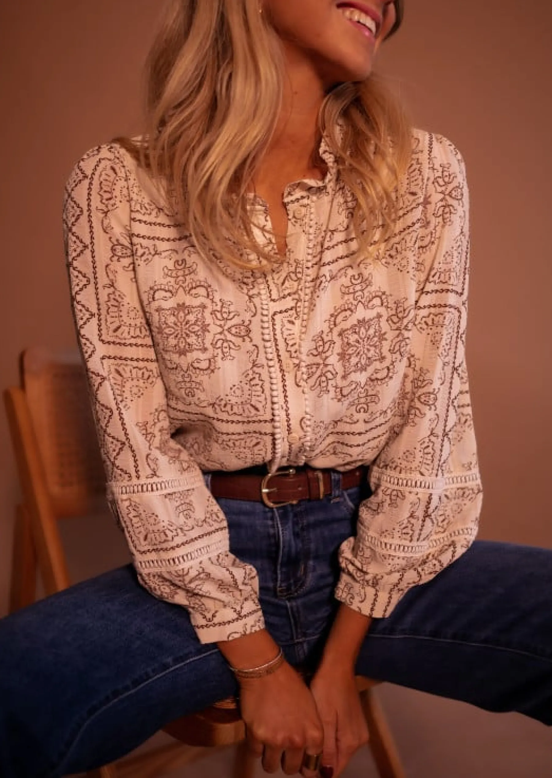 Chemisiers & Blouses-EASY-CLOTHES Blouse Leya - Écrue & Brune - Manches BallonsEasy Clothes Écrue et brune