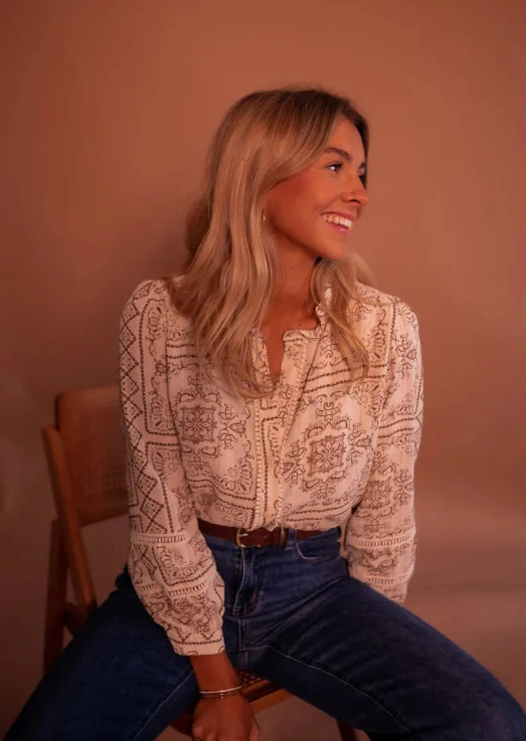 Chemisiers & Blouses-EASY-CLOTHES Blouse Leya - Écrue & Brune - Manches BallonsEasy Clothes Écrue et brune