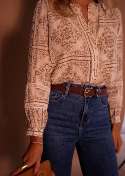 Chemisiers & Blouses-EASY-CLOTHES Blouse Leya - Écrue & Brune - Manches BallonsEasy Clothes Écrue et brune