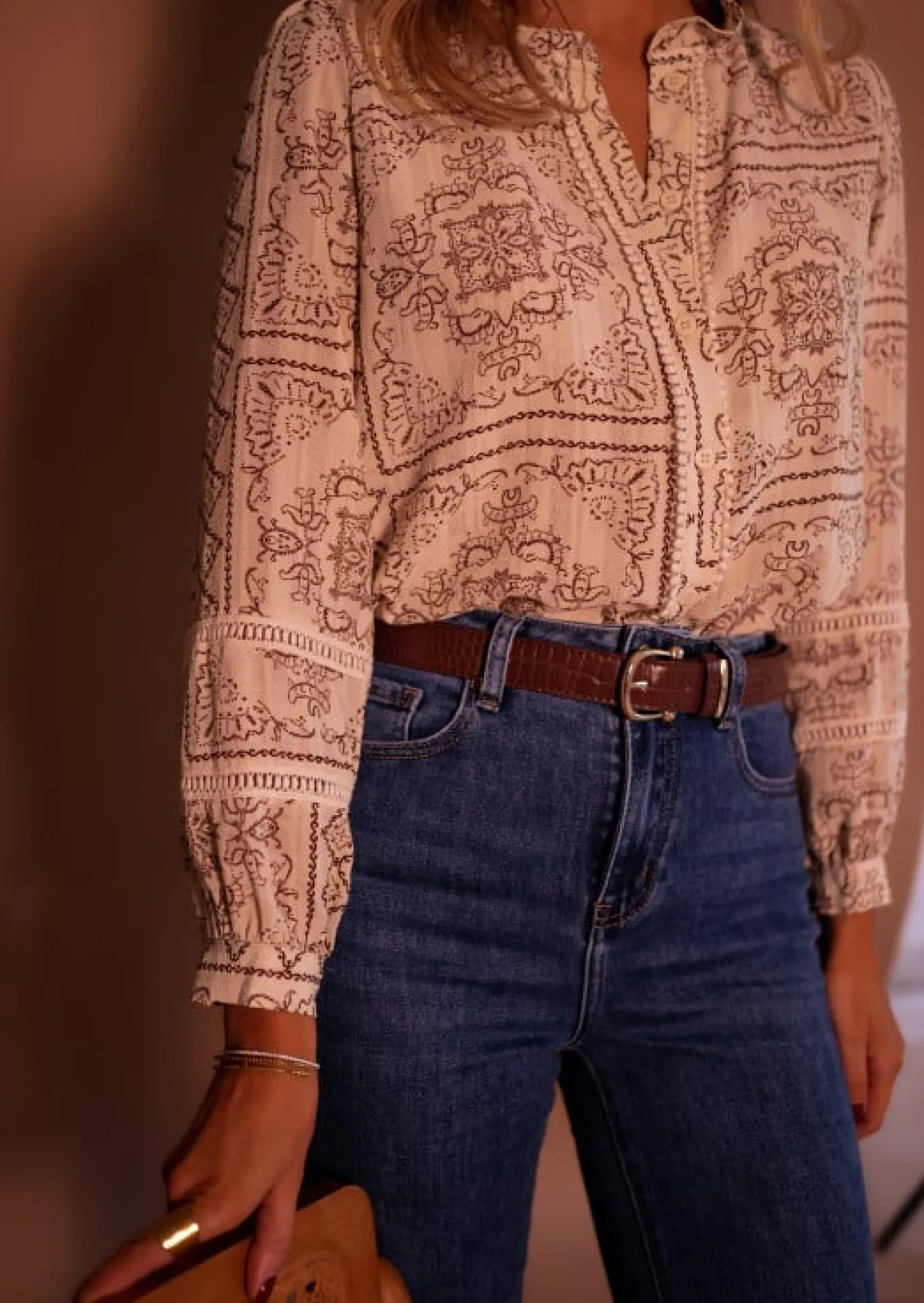 Chemisiers & Blouses-EASY-CLOTHES Blouse Leya - Écrue & Brune - Manches BallonsEasy Clothes Écrue et brune