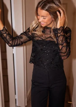 Chemisiers & Blouses-EASY-CLOTHES Blouse Noire - Hawa - Transparente Avec BroderieEasy Clothes Noire transparente à broderie       