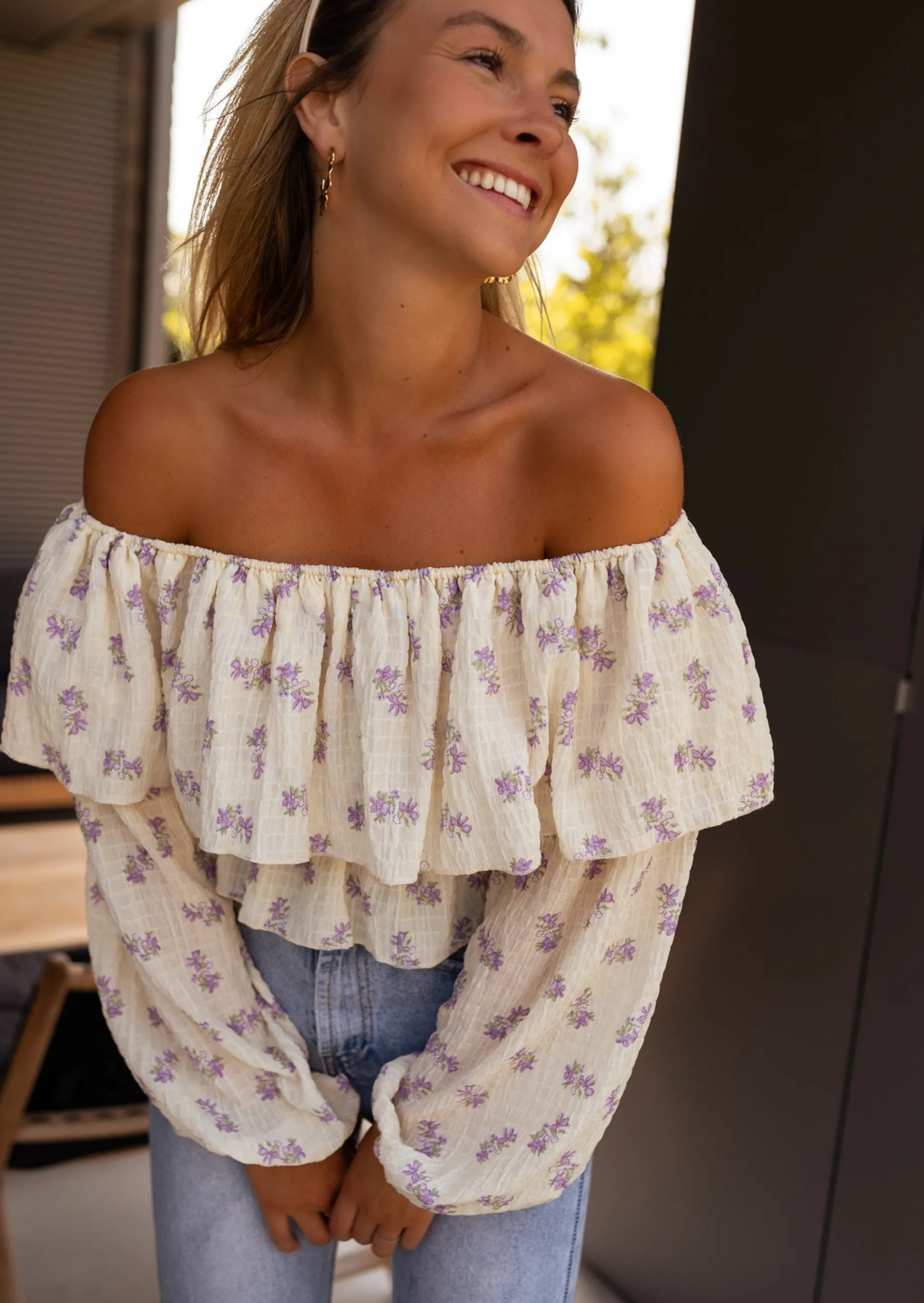 Chemisiers & Blouses-EASY-CLOTHES Blouse Paola beige et mauve à fleurs | Blouse col bardot | Prêt-à-porter en ligne | Easy Clothes Beige et mauve à fleurs