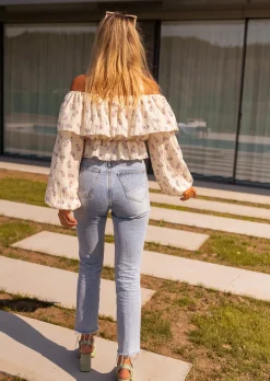 Chemisiers & Blouses-EASY-CLOTHES Blouse Paola beige et mauve à fleurs | Blouse col bardot | Prêt-à-porter en ligne | Easy Clothes Beige et mauve à fleurs       