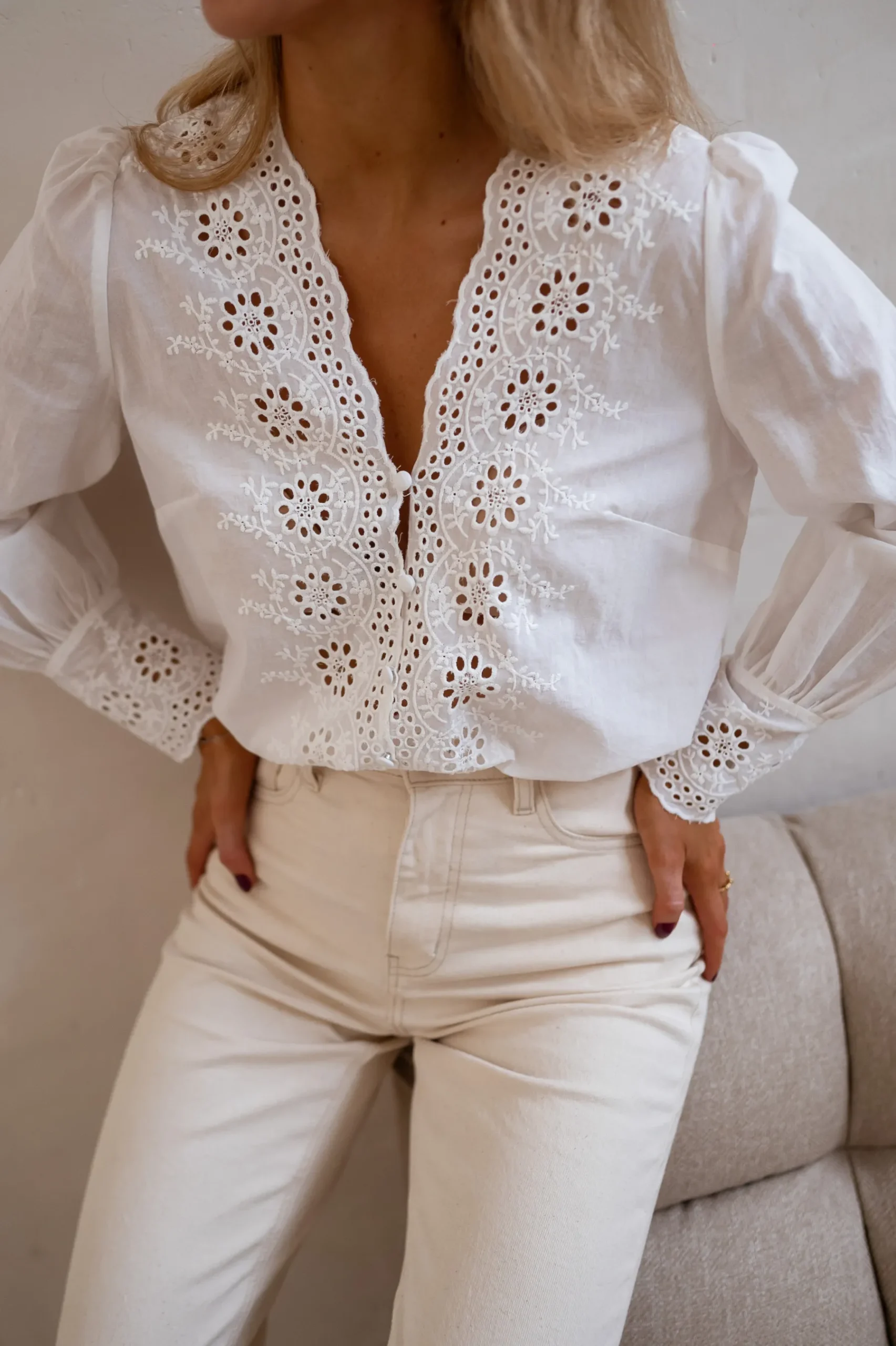 Chemisiers & Blouses-EASY-CLOTHES Blouse Ruby - Écrue à Broderie - IntemporelEasy Clothes Écrue à broderie