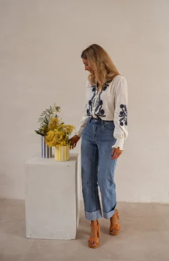 Chemisiers & Blouses-EASY-CLOTHES Blouse Salomé - Écrue & Bleue - BroderieEasy Clothes