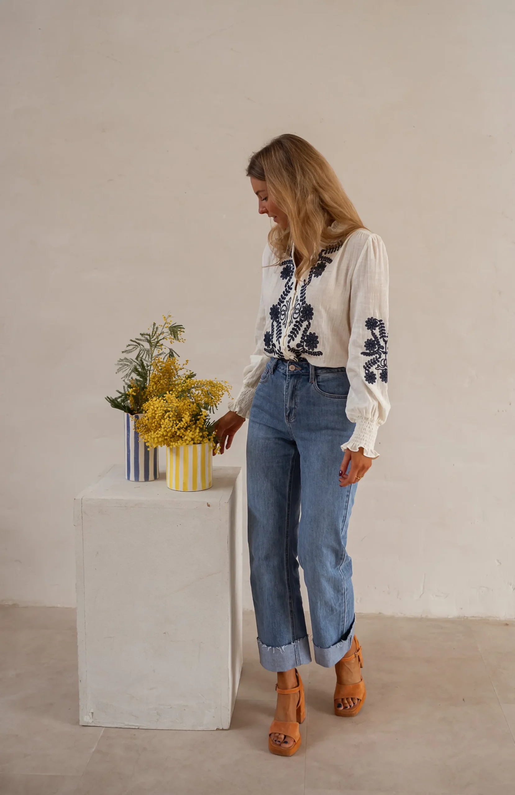Chemisiers & Blouses-EASY-CLOTHES Blouse Salomé - Écrue & Bleue - BroderieEasy Clothes