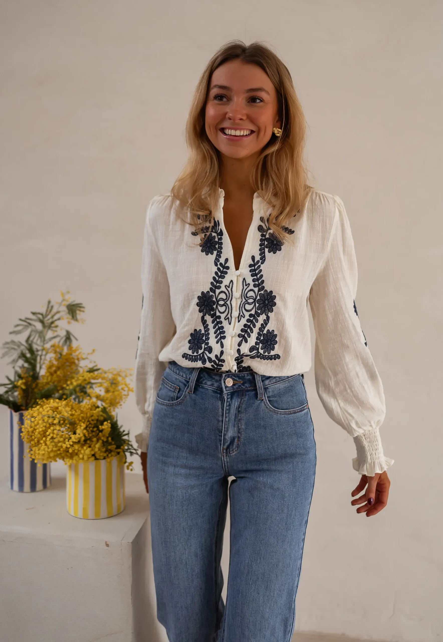 Chemisiers & Blouses-EASY-CLOTHES Blouse Salomé - Écrue & Bleue - BroderieEasy Clothes
