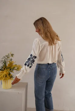 Chemisiers & Blouses-EASY-CLOTHES Blouse Salomé - Écrue & Bleue - BroderieEasy Clothes