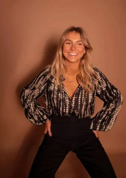 Chemisiers & Blouses-EASY-CLOTHES Blouse Thiam - Noire à Tâches Taupes - Vêtements FemmeEasy Clothes Noire à tâches taupes