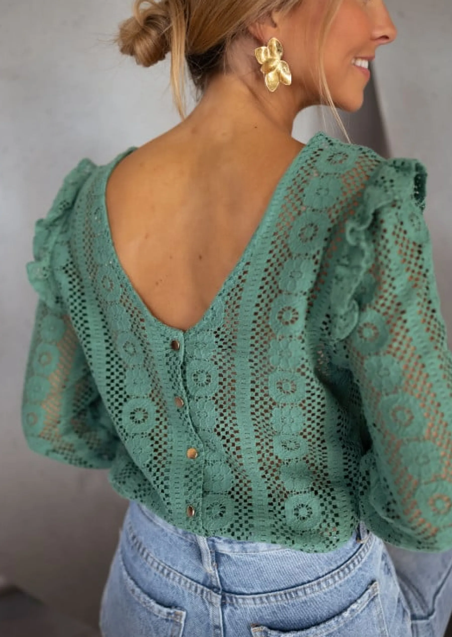 Chemisiers & Blouses-EASY-CLOTHES Blouse Verte Mencia | Avec Dentelle | Élégante & TendanceEasy Clothes Verte à dentelle