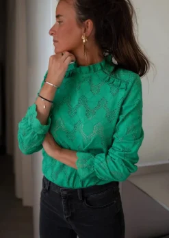 Chemisiers & Blouses-EASY-CLOTHES Blouse Walker Verte - Col Montant & Broderie - Vêtements FemmeEasy Clothes Verte