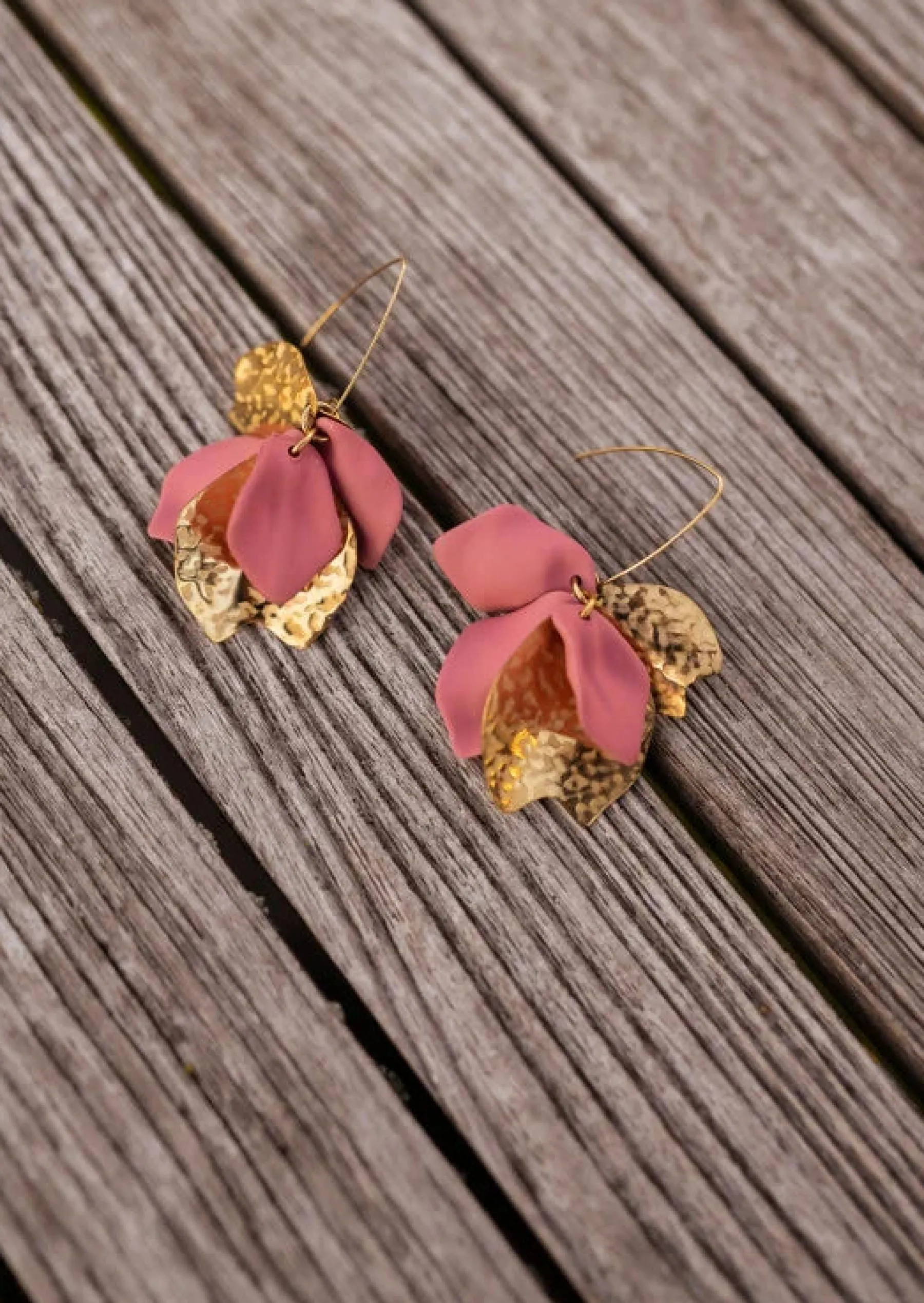Boucles d'oreilles-EASY-CLOTHES Boucles d’Oreilles Nathan - Feuilles Dorées & Vieux Rose - BijouxEasy Clothes Dorées