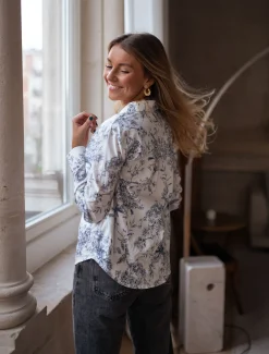 Chemisiers & Blouses-EASY-CLOTHES Chemise Aglaé - blanche à motifs bleusEasy Clothes Blanche à motifs bleus       