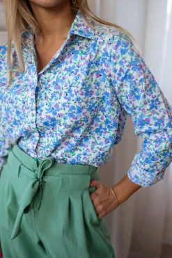 Chemisiers & Blouses-EASY-CLOTHES Chemise Arlette - écrue à fleurs bleuesEasy Clothes Écrue à fleurs bleues       