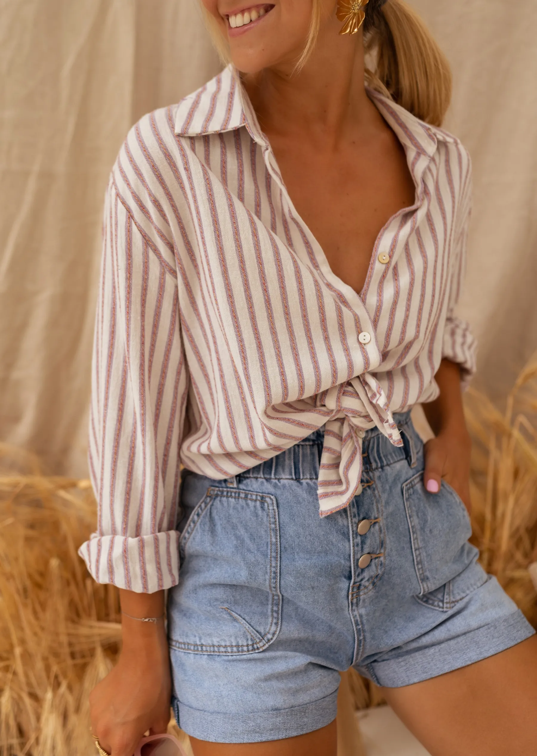 Chemisiers & Blouses-EASY-CLOTHES Chemise Bertha - Lignes Beiges & Roses - Effet LinEasy Clothes Beige et rose effet lin