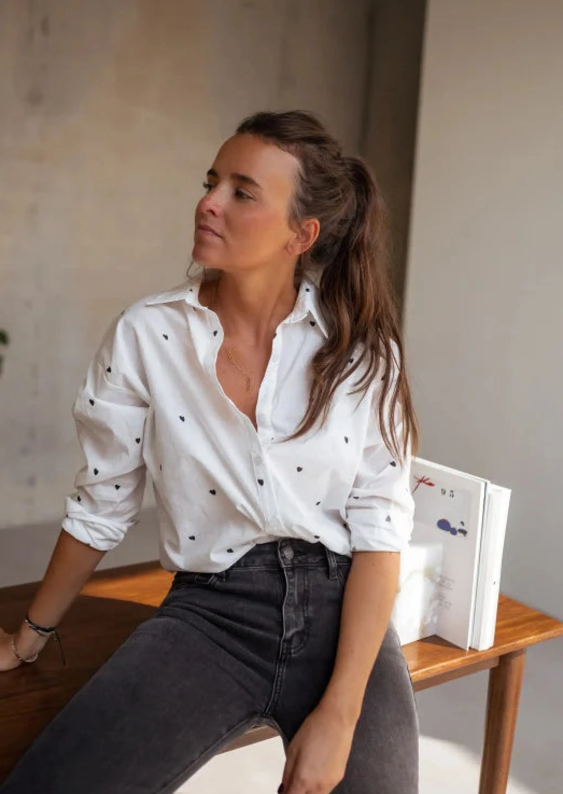 Chemisiers & Blouses-EASY-CLOTHES Chemise Blanche Resa - Motifs Coeur Noirs - Easy Clothes Blanc