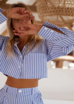 Chemisiers & Blouses-EASY-CLOTHES Chemise Courte Leroy - Lignes Bleues & Blanches - Easy Clothes À lignes       