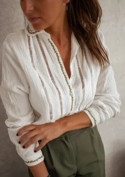 Chemisiers & Blouses-EASY-CLOTHES Chemise Écrue - Beta - Gaze de Coton - Finition BroderieEasy Clothes Écrue       