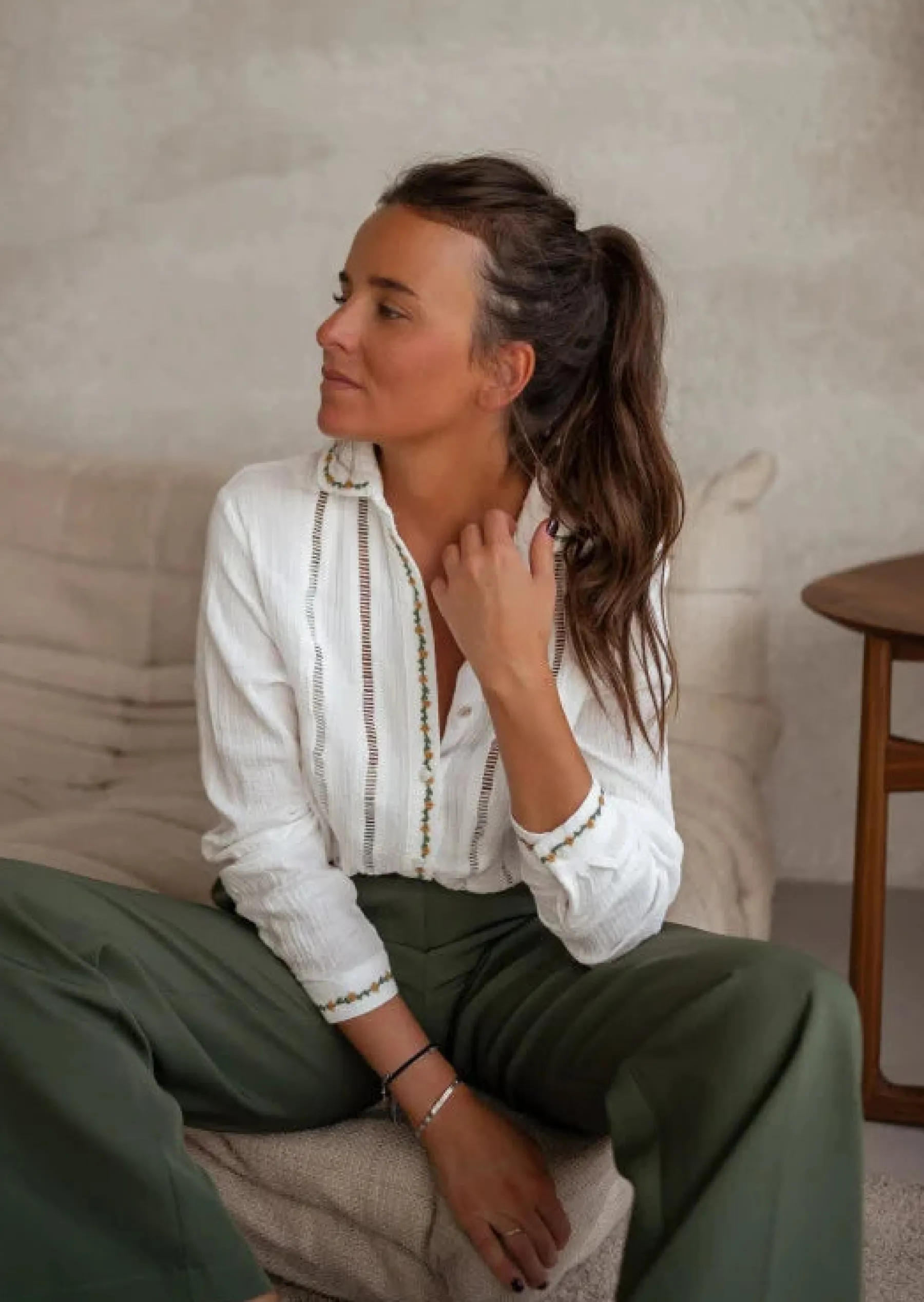 Chemisiers & Blouses-EASY-CLOTHES Chemise Écrue - Beta - Gaze de Coton - Finition BroderieEasy Clothes Écrue