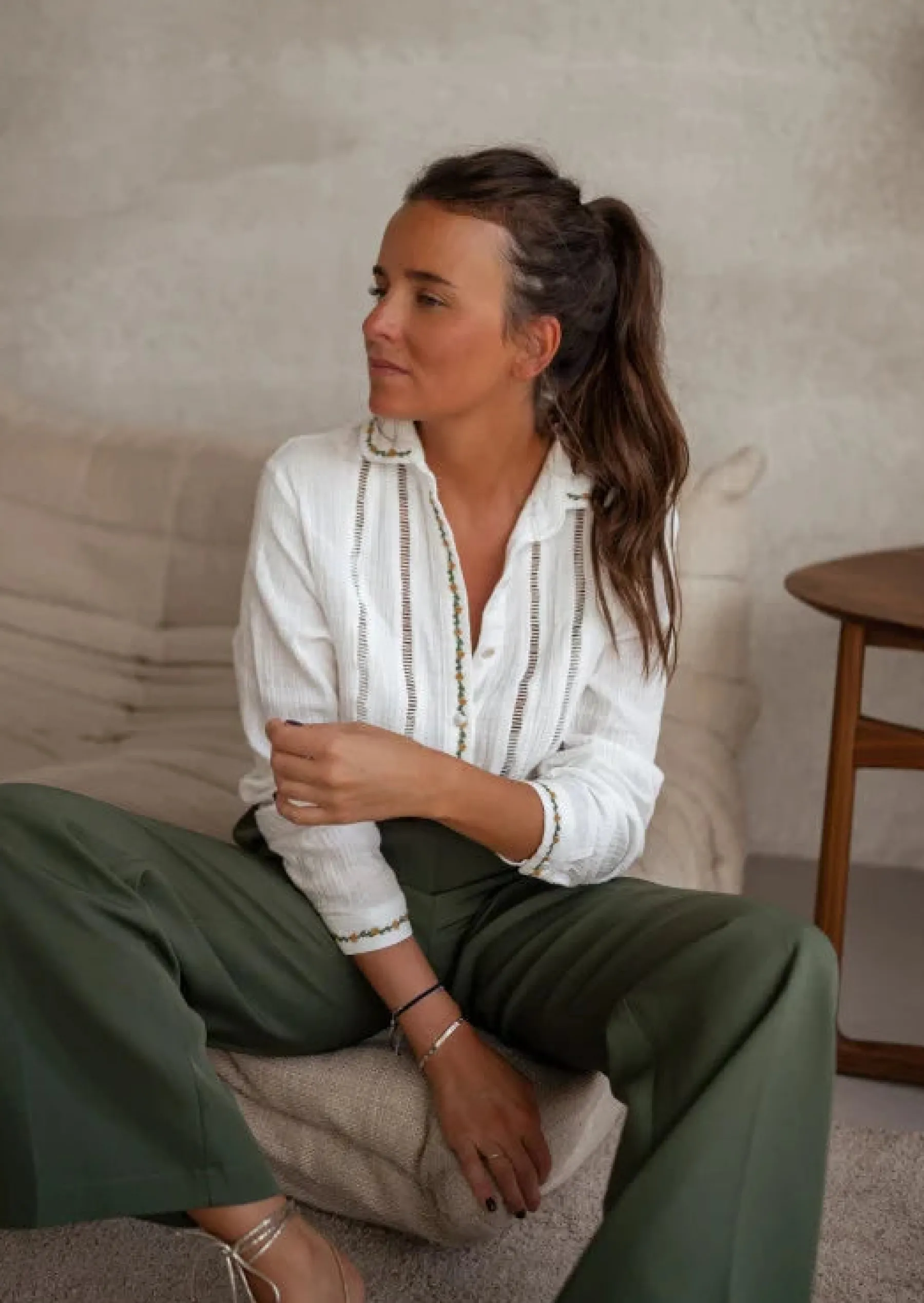 Chemisiers & Blouses-EASY-CLOTHES Chemise Écrue - Beta - Gaze de Coton - Finition BroderieEasy Clothes Écrue