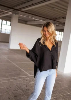 Chemisiers & Blouses-EASY-CLOTHES Chemise Ines noire | Chemise satinée ample | Prêt-à-porter en ligne | Easy Clothes Noire       
