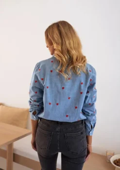 Chemisiers & Blouses-EASY-CLOTHES Chemise Jack - En Jeans - Motifs Coeurs RougesEasy Clothes À coeurs