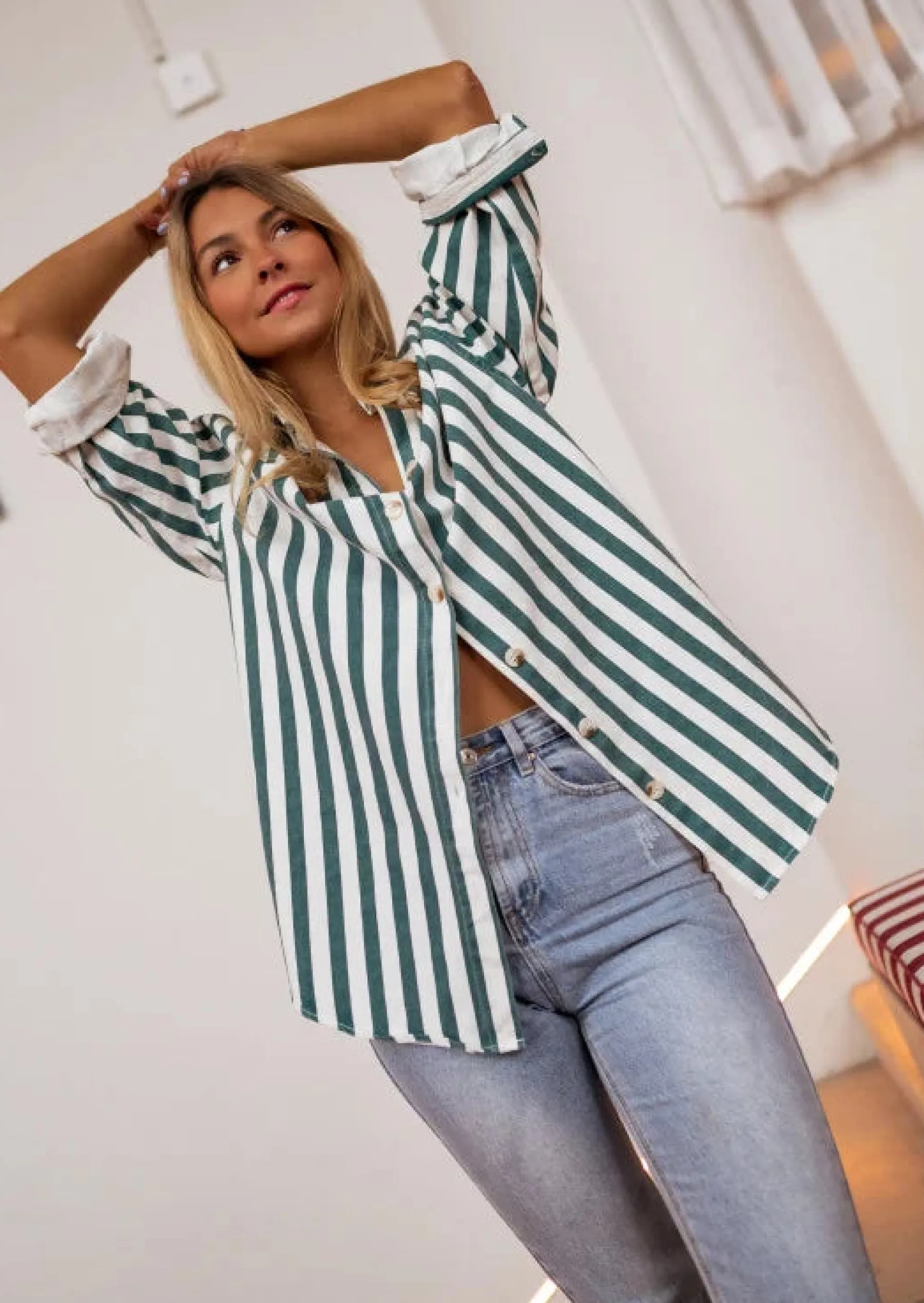 Chemisiers & Blouses-EASY-CLOTHES Chemise Kalina à lignes vertes effet jeans | Chemise oversized | Prêt-à-porter en ligne | Easy Clothes Vertes effet jeans