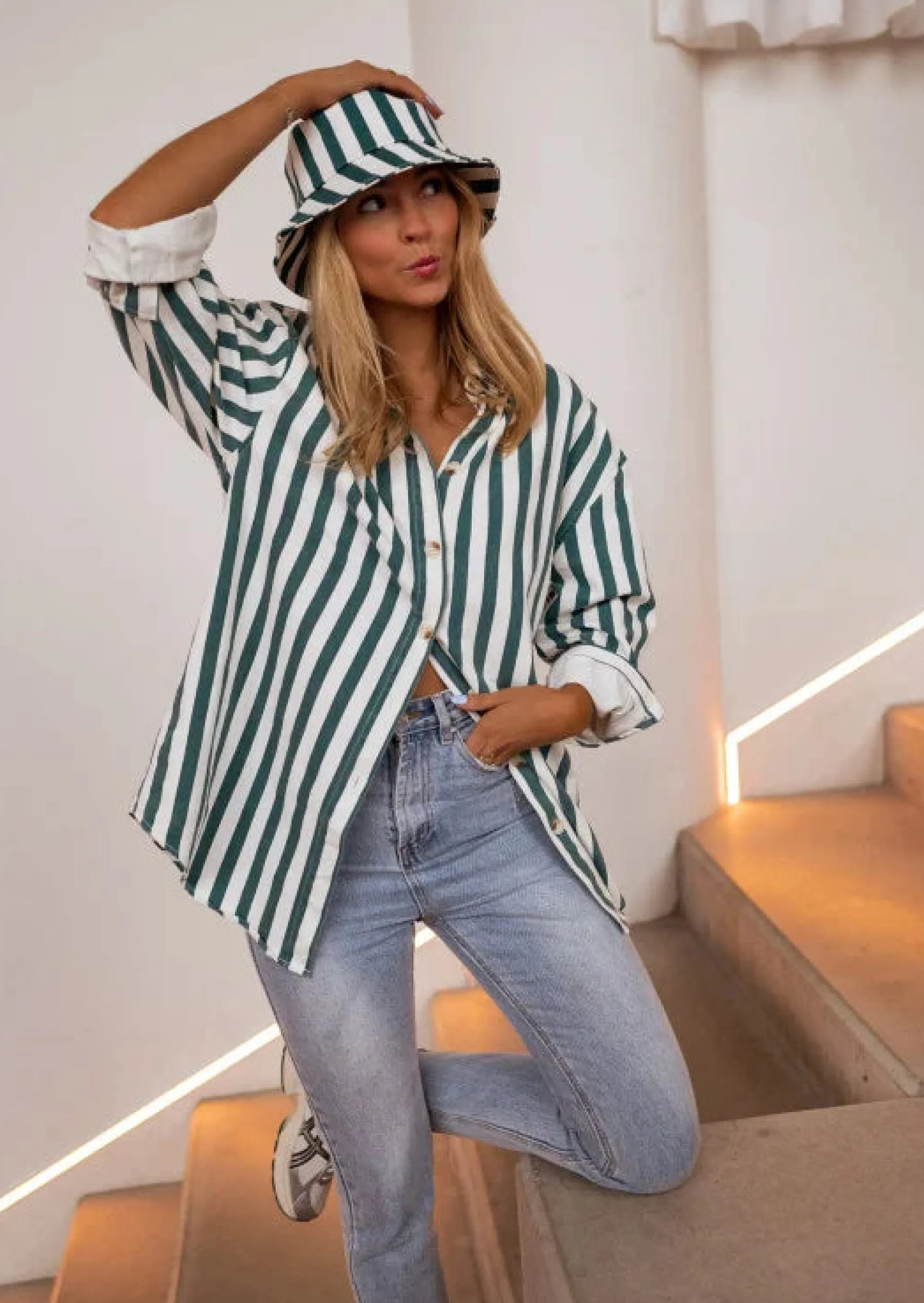 Chemisiers & Blouses-EASY-CLOTHES Chemise Kalina à lignes vertes effet jeans | Chemise oversized | Prêt-à-porter en ligne | Easy Clothes Vertes effet jeans