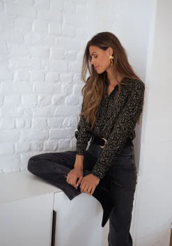 Chemisiers & Blouses-EASY-CLOTHES Chemise Merida - noire à motifs vertsEasy Clothes Noire à motifs verts       