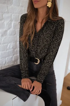 Chemisiers & Blouses-EASY-CLOTHES Chemise Merida - noire à motifs vertsEasy Clothes Noire à motifs verts       