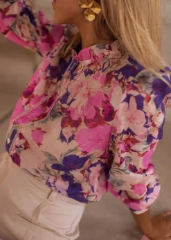 Chemisiers & Blouses-EASY-CLOTHES Chemise Rory à fleurs mauves | Chemise fleurie à épaulettes | Prêt-à-porter en ligne | Easy Clothes Mauves       