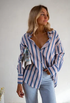 Chemisiers & Blouses-EASY-CLOTHES Chemise Sally - Lignes Bleues - Loose & FluideEasy Clothes À lignes bleues