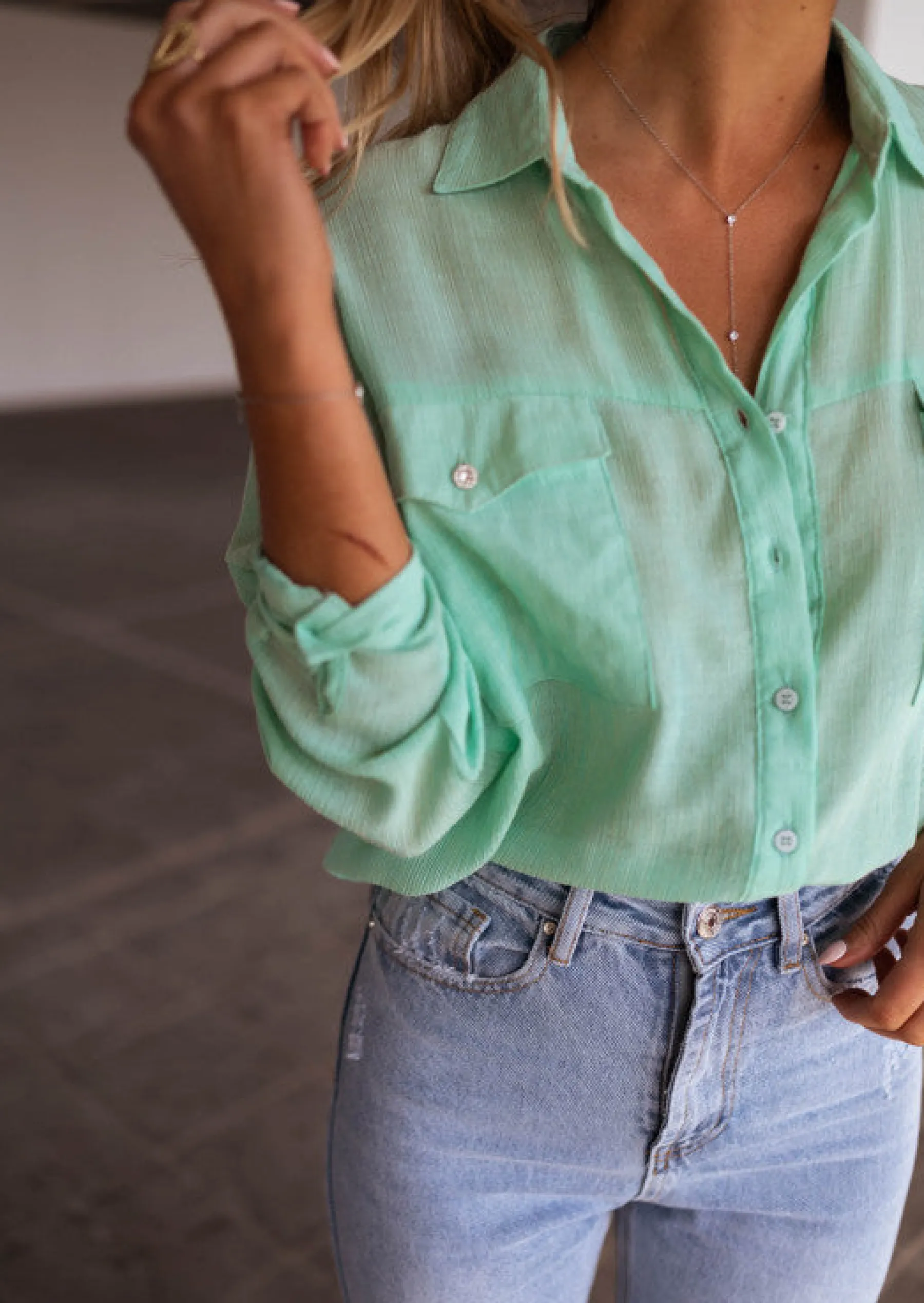 Chemisiers & Blouses-EASY-CLOTHES Chemise Sasou verte d’eau | Chemise transparente femme | Prêt-à-porter en ligne | Easy Clothes Verte d’eau