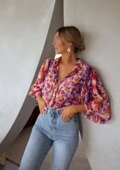Chemisiers & Blouses-EASY-CLOTHES Chemisier Fauve à fleurs | Chemisier manches bouffantes | Prêt-à-porter en ligne | Easy Clothes À fleurs